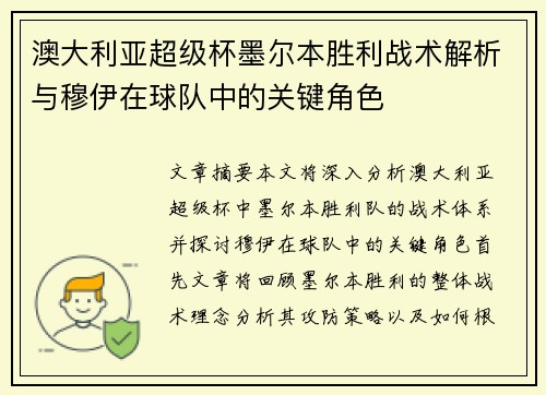 澳大利亚超级杯墨尔本胜利战术解析与穆伊在球队中的关键角色